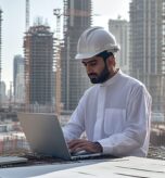 An architect in a white hard hat works on his laptop at a construction site.