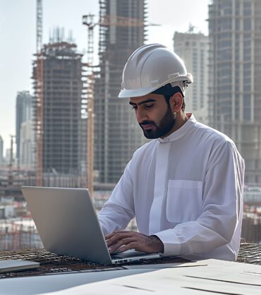 An architect in a white hard hat works on his laptop at a construction site.