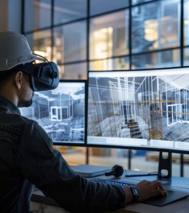 an architect crafting intricate virtual reality spaces, as they meticulously design plans on a digital screen, showcasing the fusion of technology and creativity in the construction of buildings