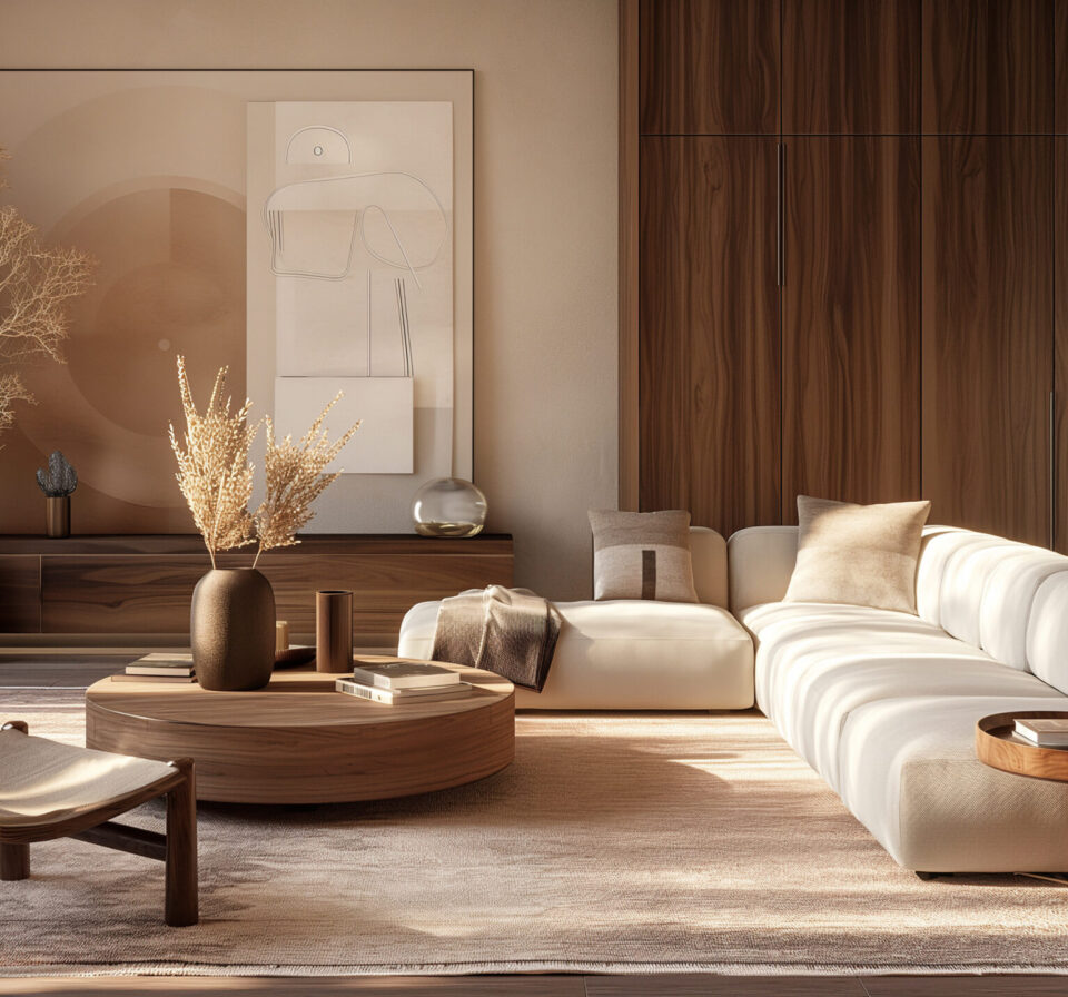 Modern and Minimalist Japandi Style Living Room Interior with Natural Elements