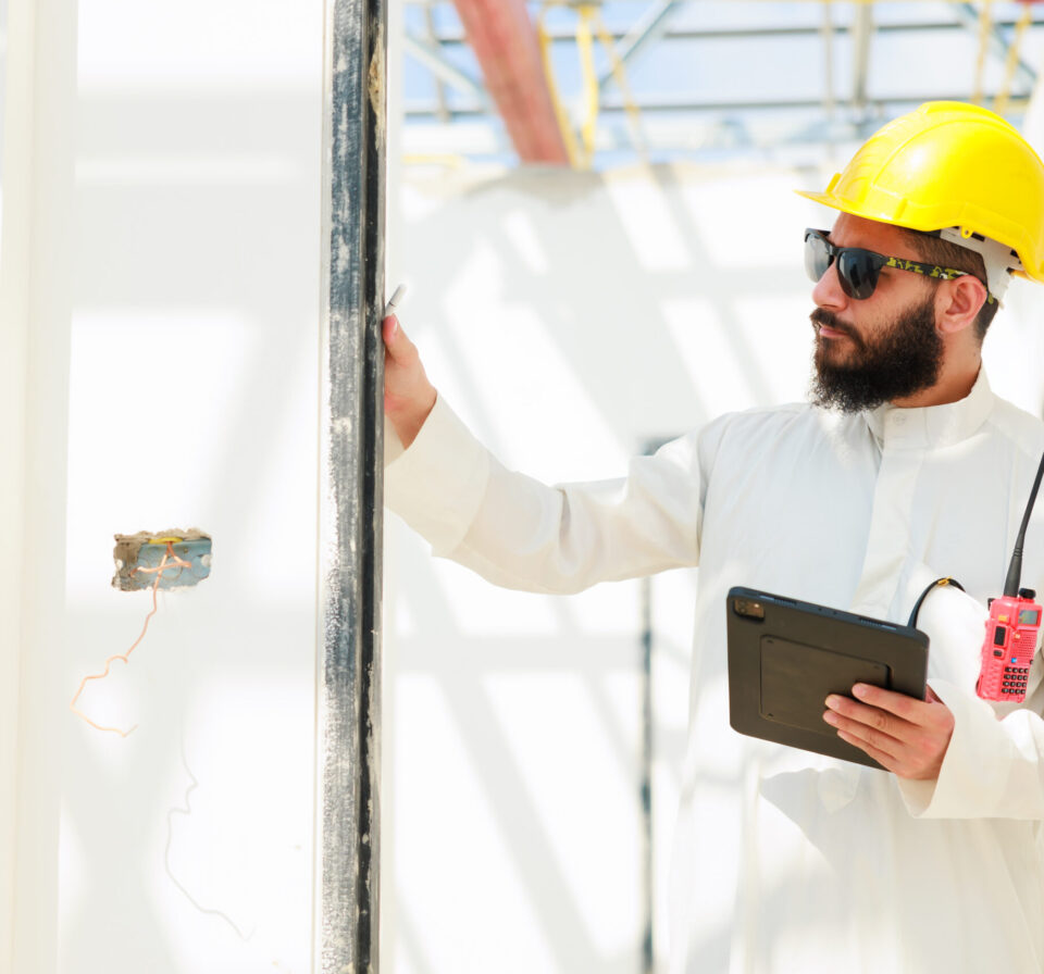 working on tablet and walkie talkie. Arab man Construction civil engineer use digital tablet computer and wearing in safety hard hat helmet working on Building Site.